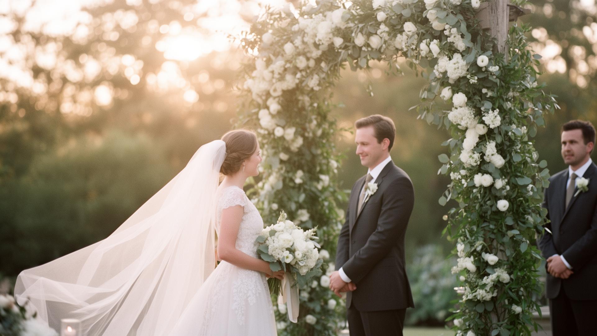 Bride and groom at outdoor wedding ceremony with floral arch at golden hour